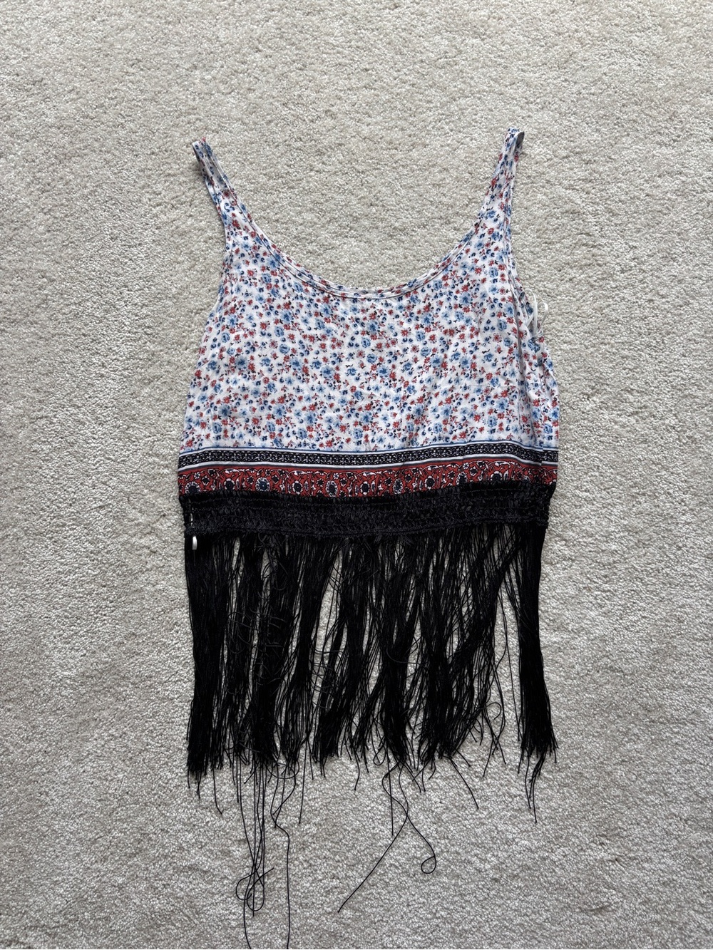 stradivarius White Floral Crop Camisole with Black Fringe